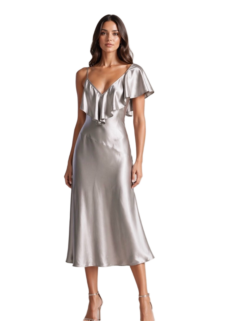Ted Baker women’s Satin Midi Dress Sz 10 Ruffle Trim V-Neck wedding silver party